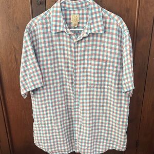 Jos. A. Bank Short-Sleeve Linen Button-Down in Teal & Coral